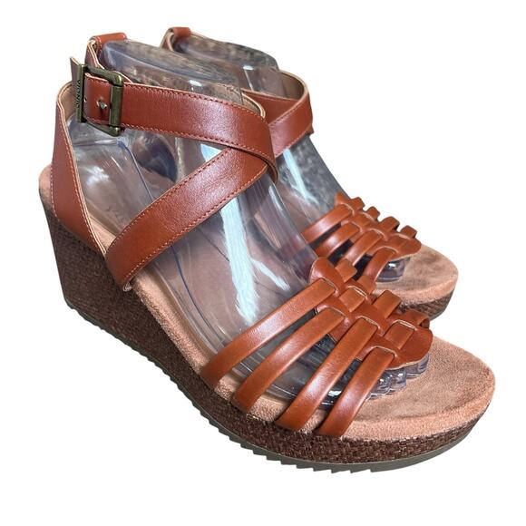 Vionic Clarissa Brown Leather Wedge Sandals Size 9 Strappy - Picture 1 of 14